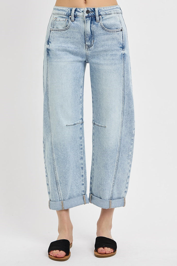 risen jeans light wash denim boyfriend barrel jeans