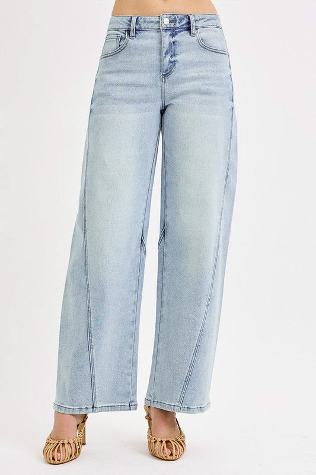 risen jeans slouchy barrel light blue denim front two