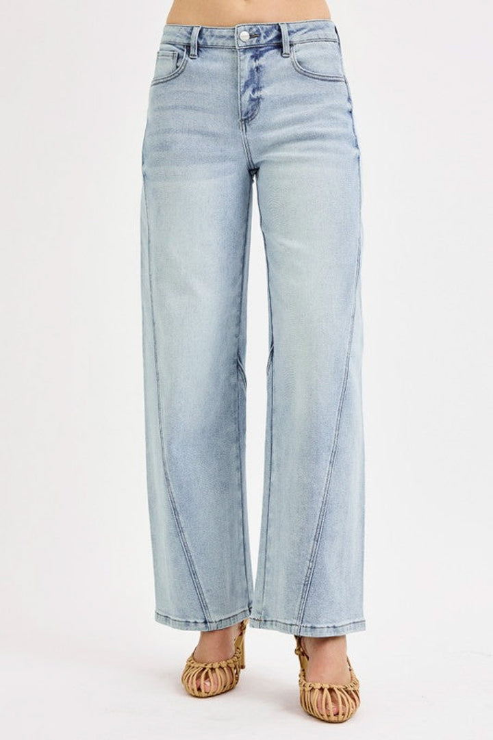 risen jeans slouchy barrel light blue denim front