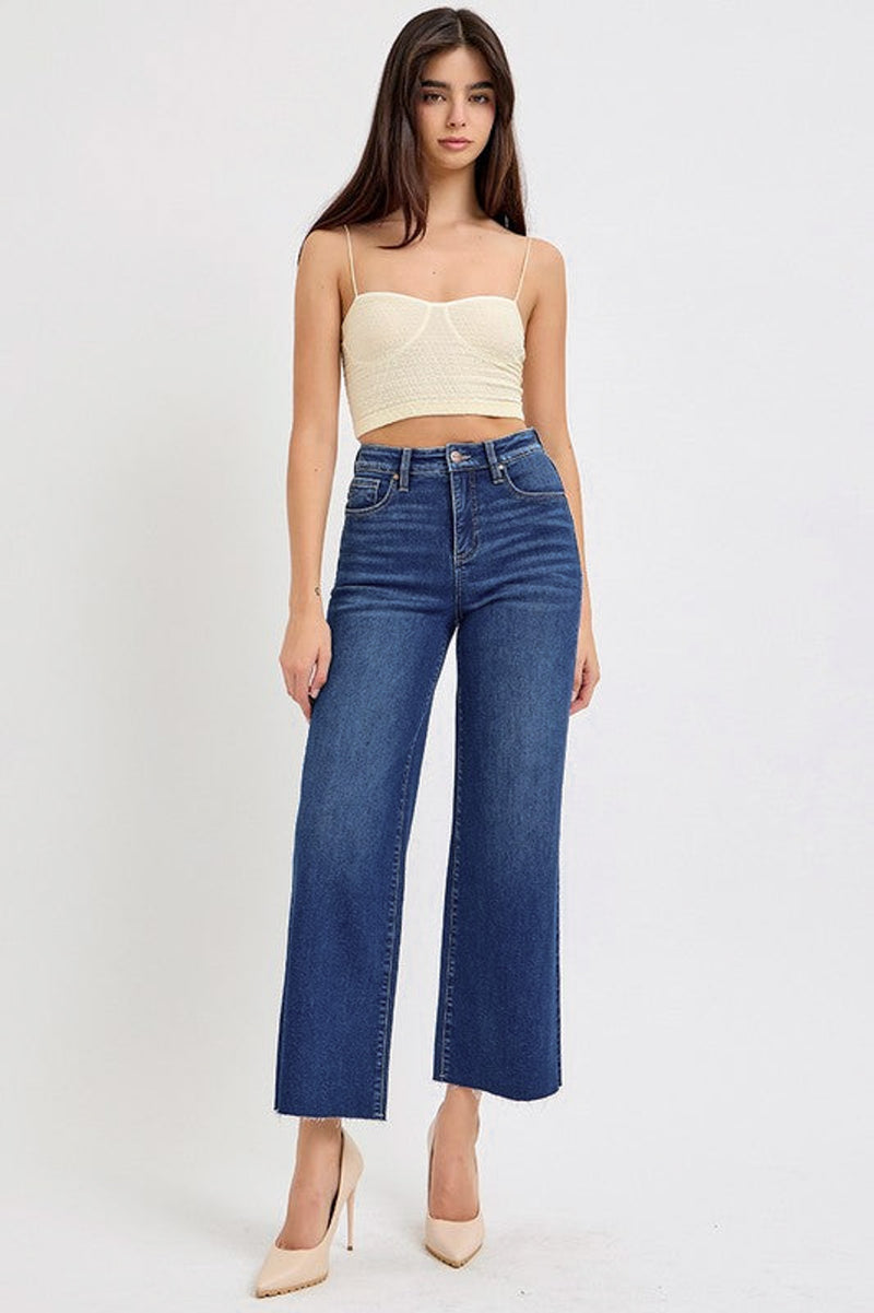 risen tummy control dark wide leg jeans