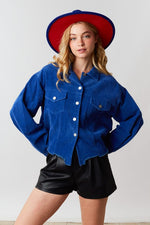 Peach Love California Royal blue corduroy semi cropped jacket 