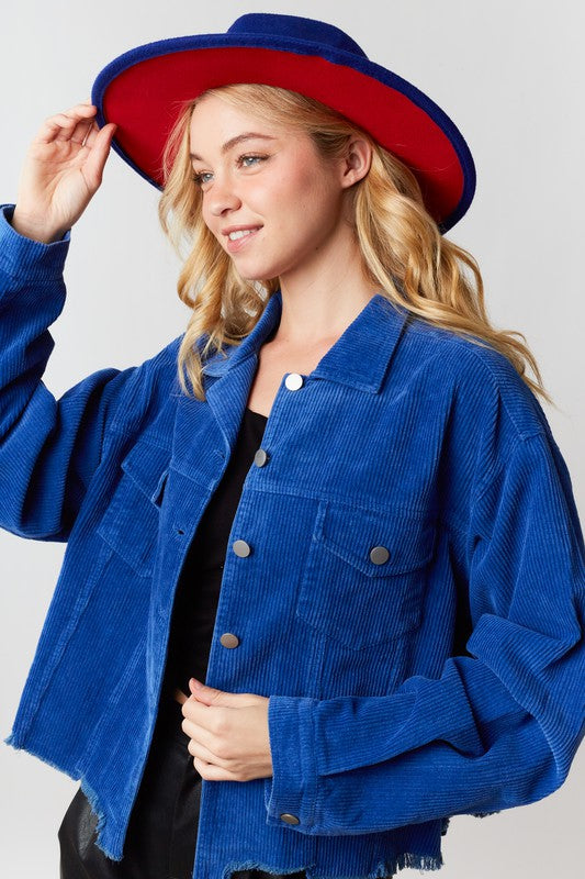 Peach Love California Royal blue corduroy semi cropped jacket 