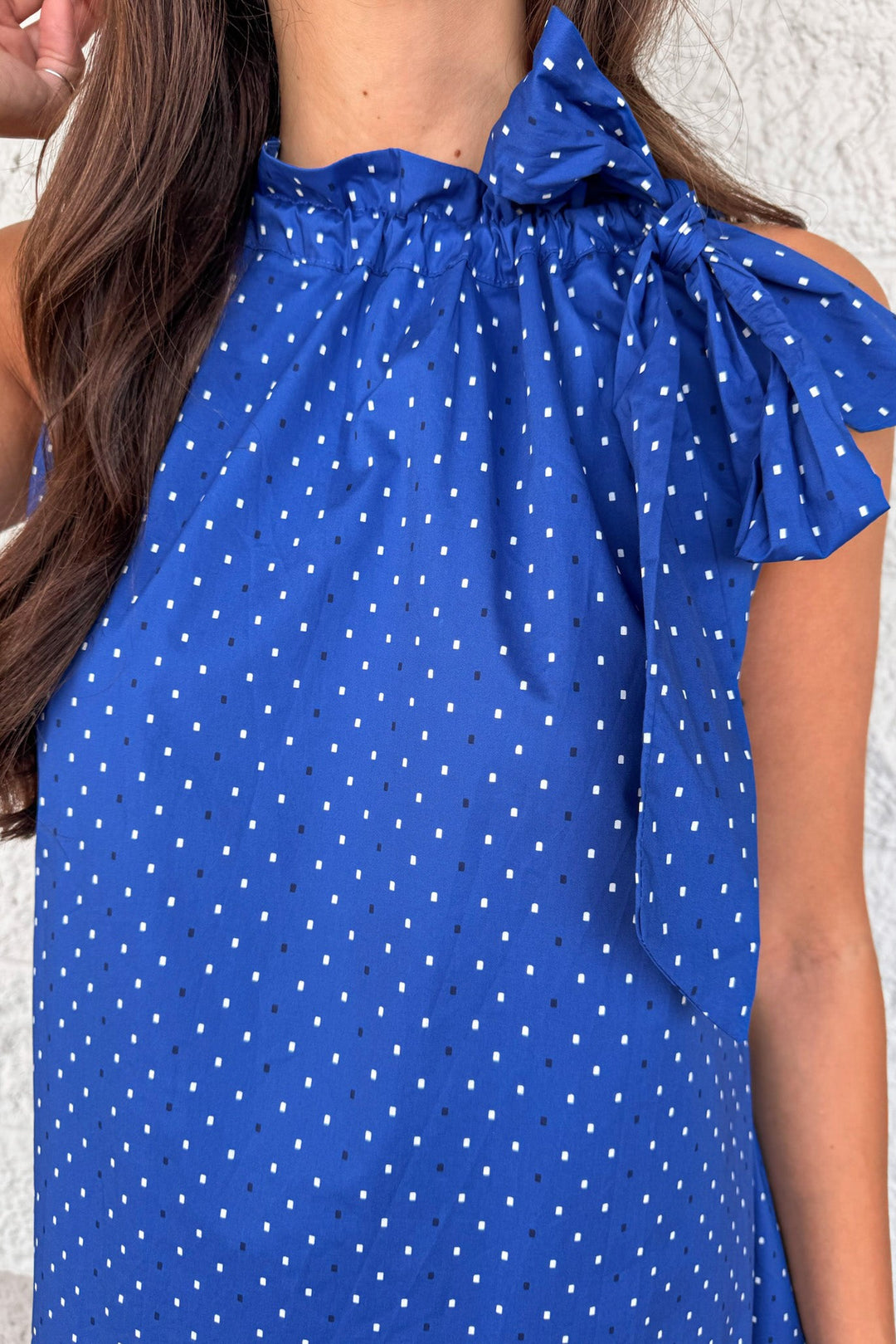 royal blue with white and navy square polka dot print sleeveless self tie mock neck midi dress