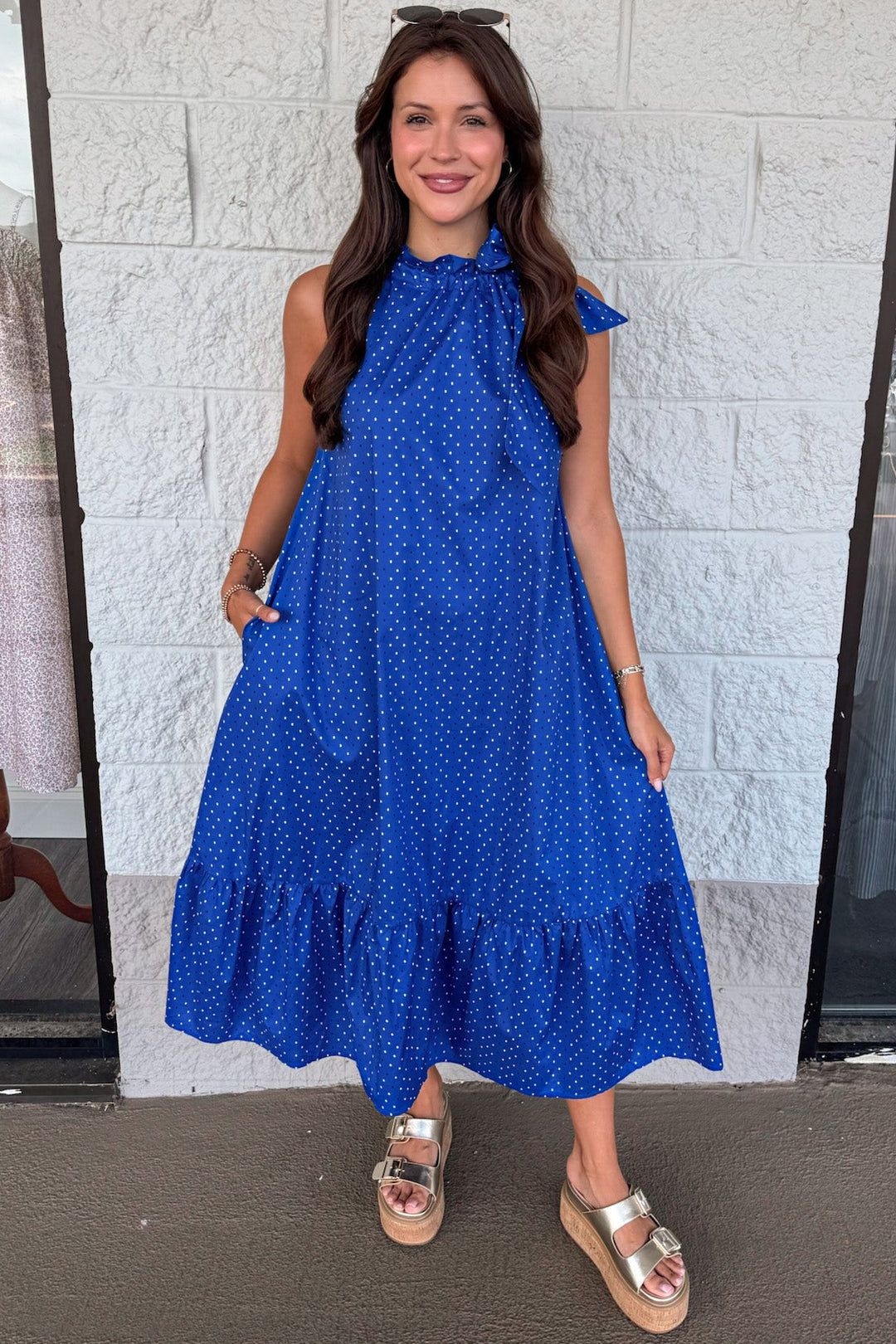 royal blue with white and navy square polka dot print sleeveless midi dress