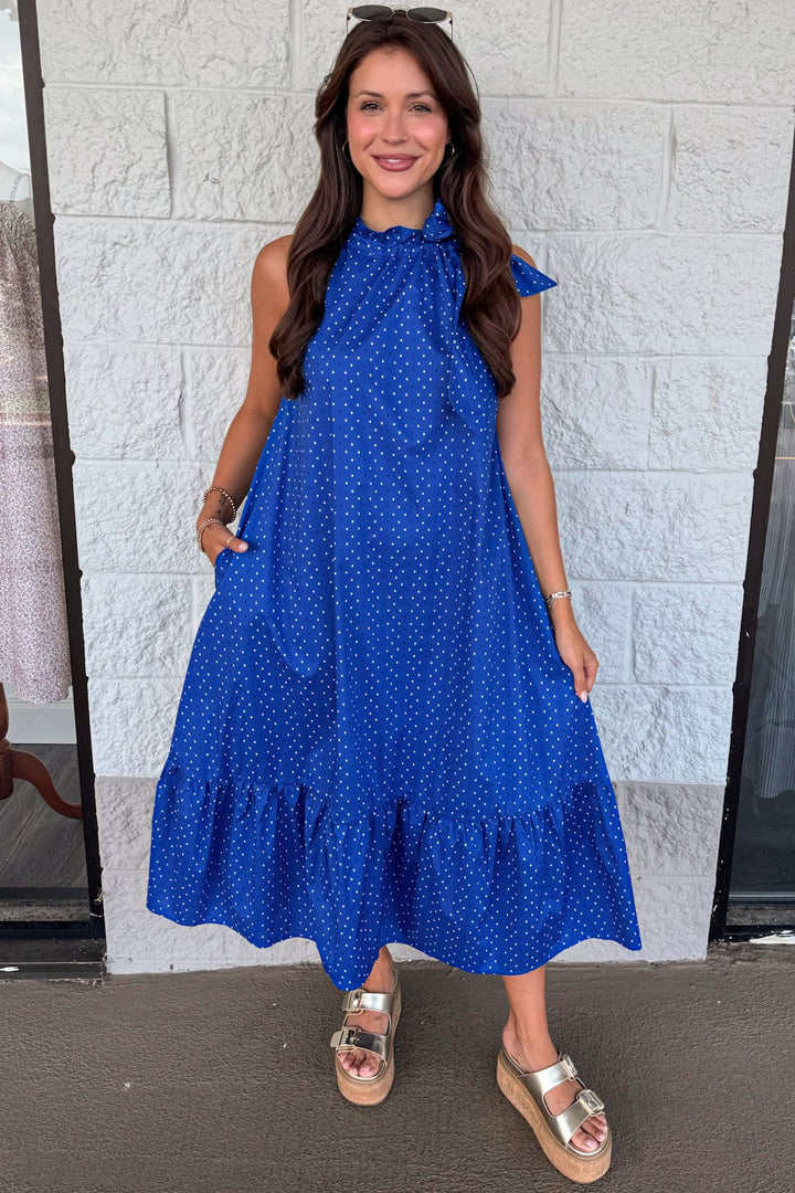 royal blue with white and navy square polka dot print sleeveless midi dress