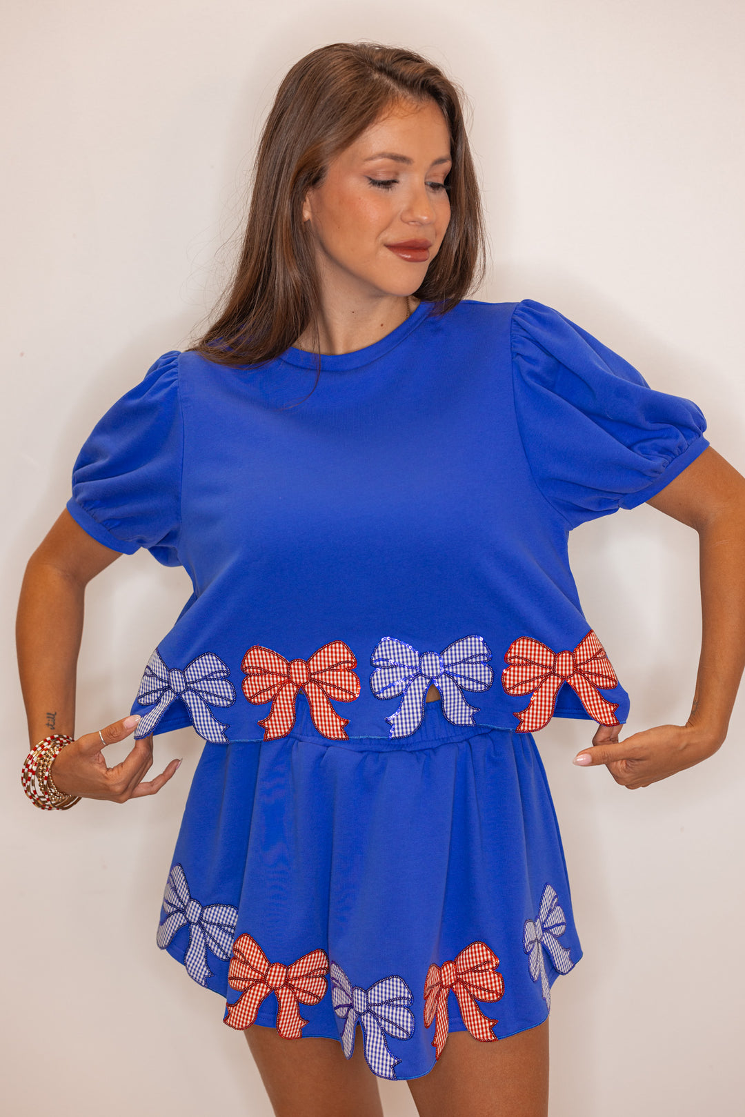 blue red gingham bow trim top