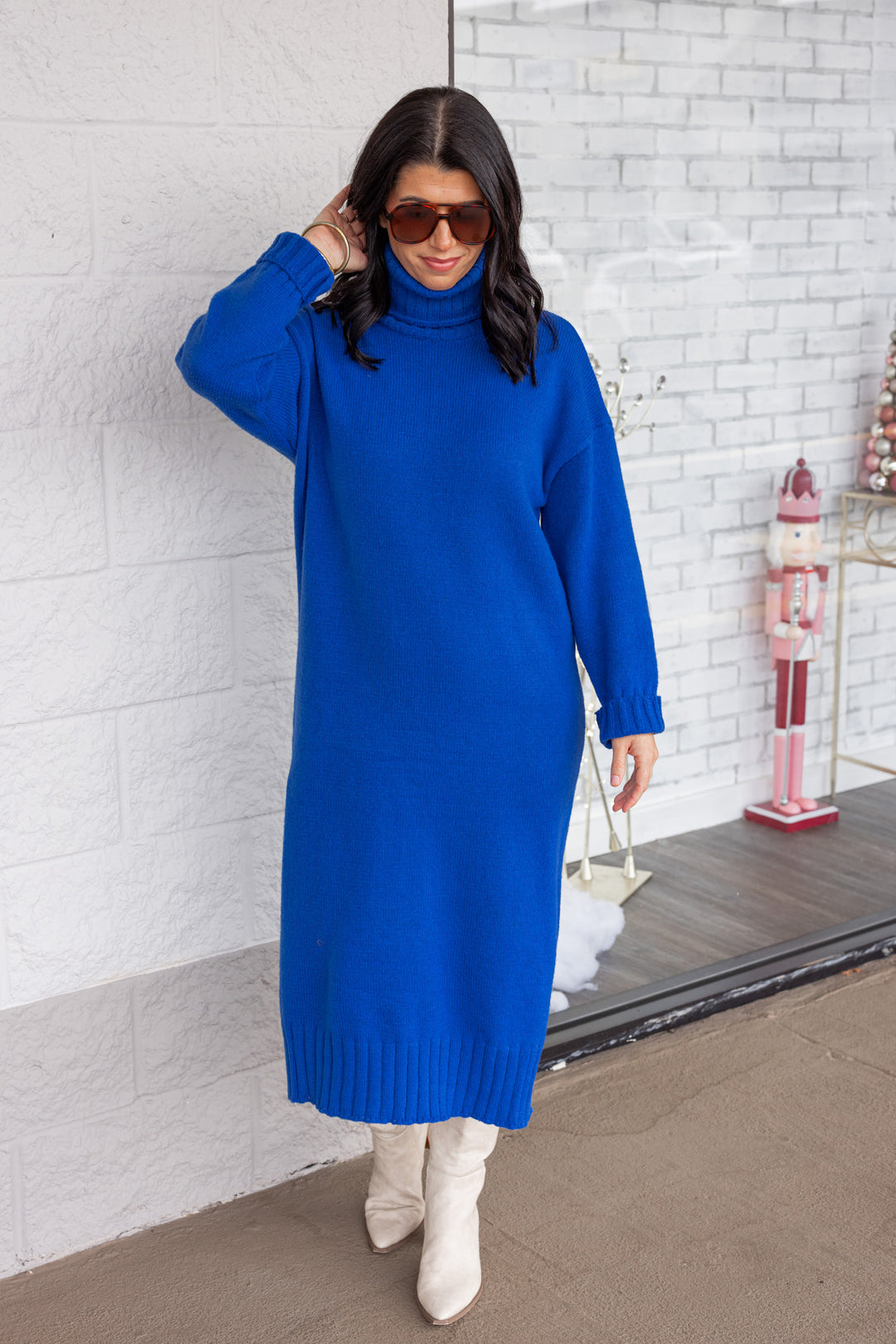 Women's royal blue knit long sleeve turtleneck midi sweater dress by GeeGee perfect for church