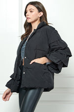 Black ruffle sleeve puffer jacket