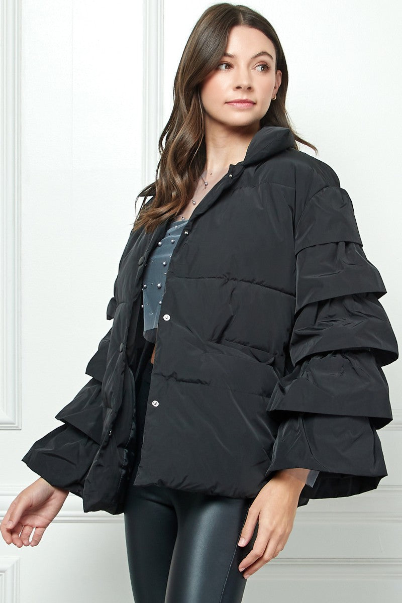 Black ruffle sleeve puffer jacket