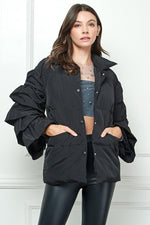 Black ruffle sleeve puffer jacket