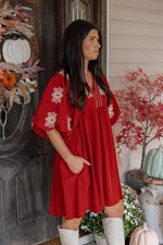 rust embroidered babydoll fall dress