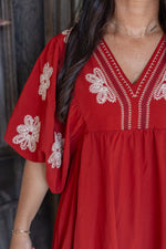 rust embroidered babydoll fall dress