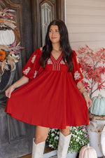 rust embroidered babydoll fall dress