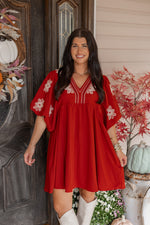 rust embroidered babydoll fall dress