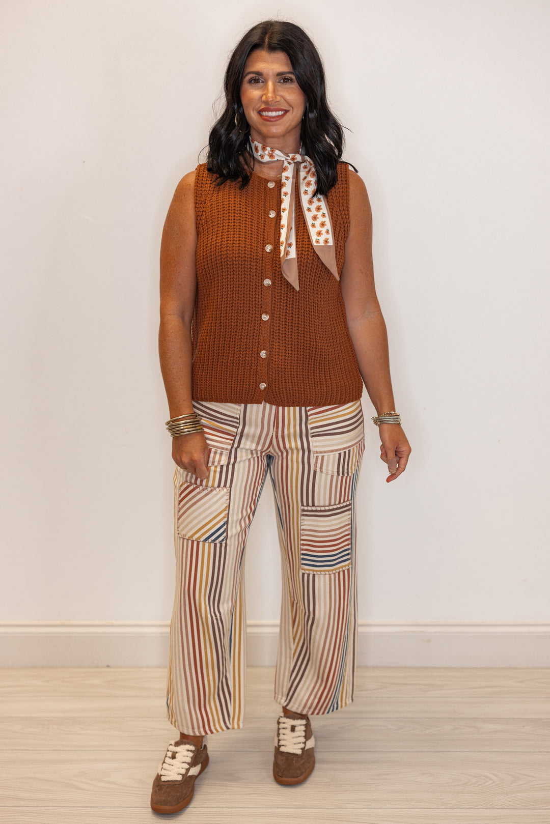 Women's cream washed twill barrel pants with multicolor and multi patterned stripes by Fantastic Fawn