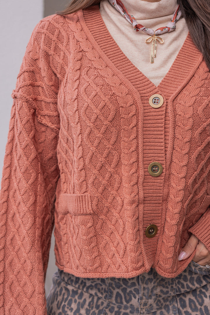 Women's terra cotta cable knit sweater cardigan by Entro showing up close front view