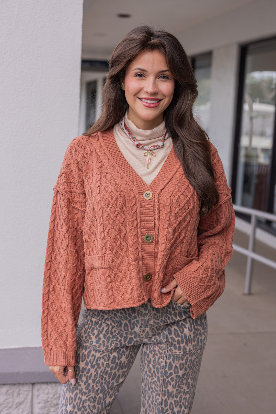 Women's terra cotta cable knit sweater cardigan by Entro