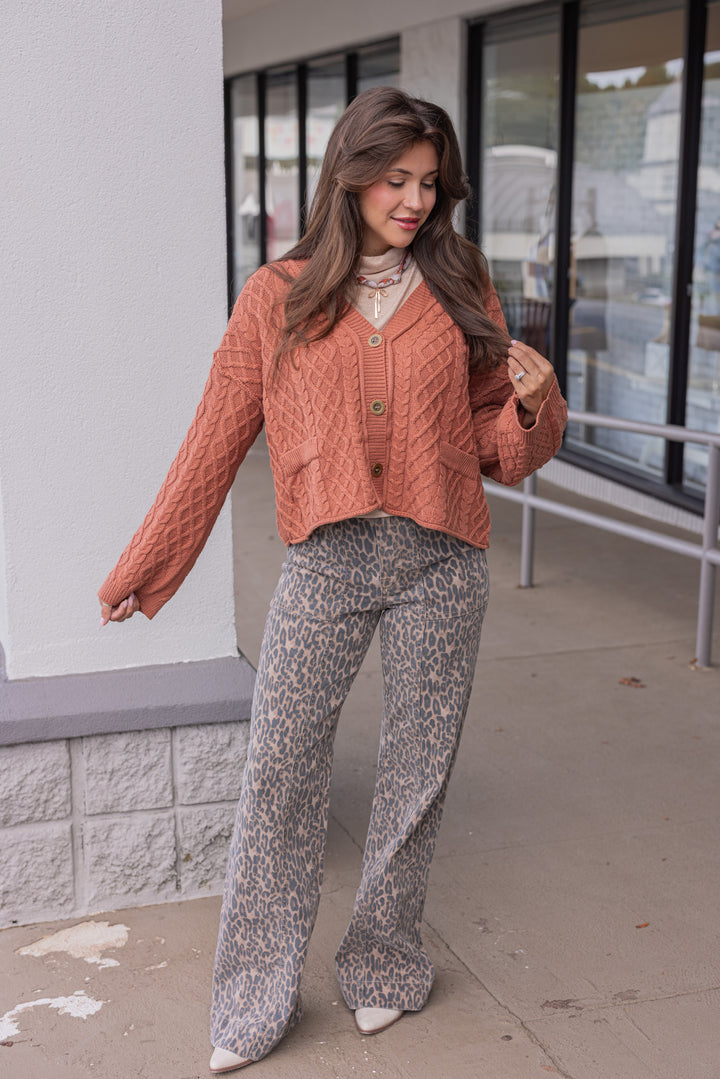 Women's terra cotta cable knit sweater cardigan by Entro showing full front view