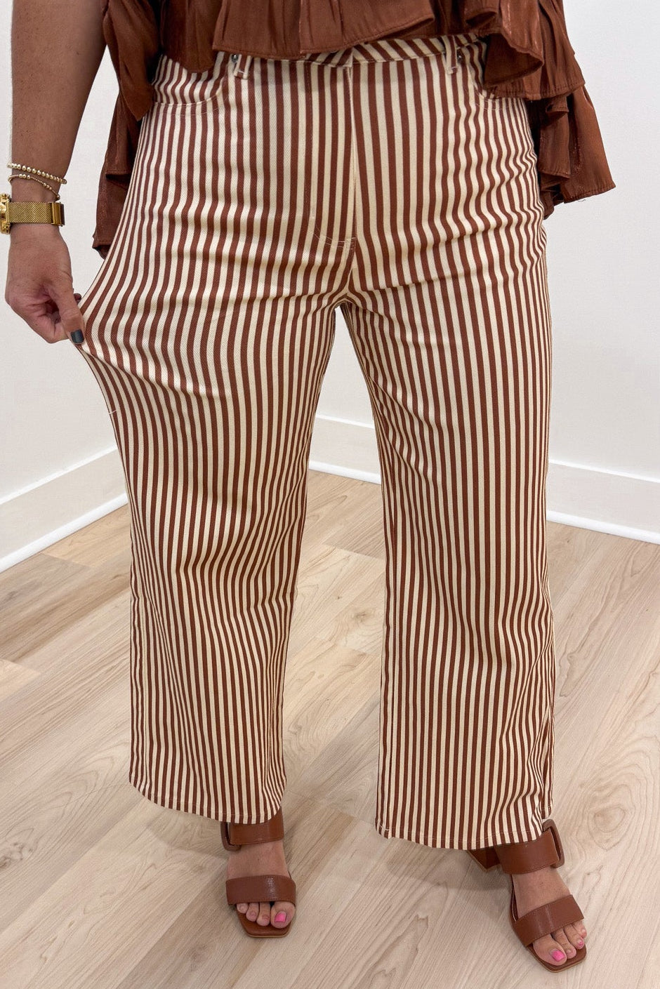 rust and cream striped high waisted wide leg lightweight twill pants with belt loops