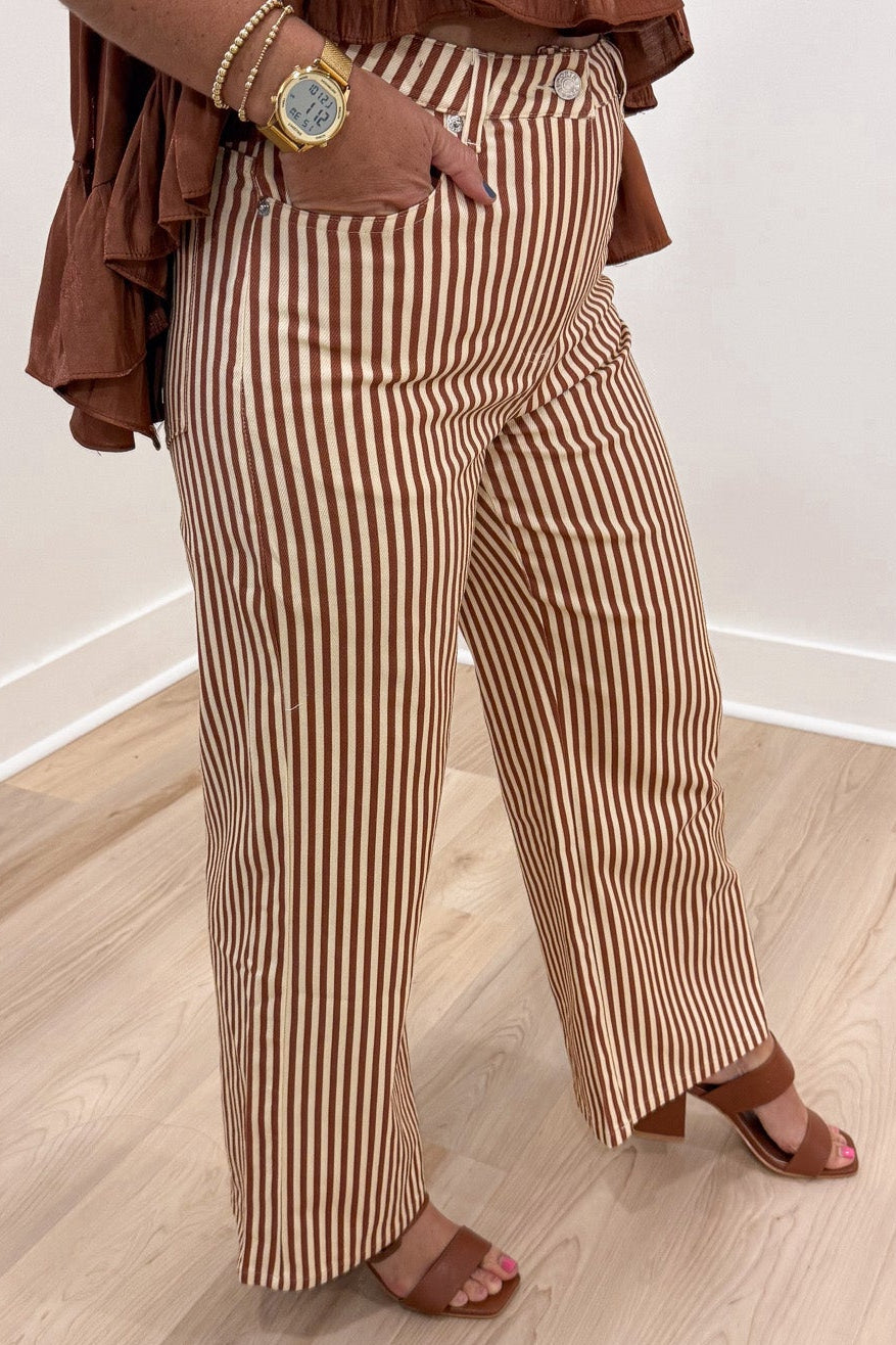 rust and cream striped high waisted wide leg lightweight twill pants with front pockets