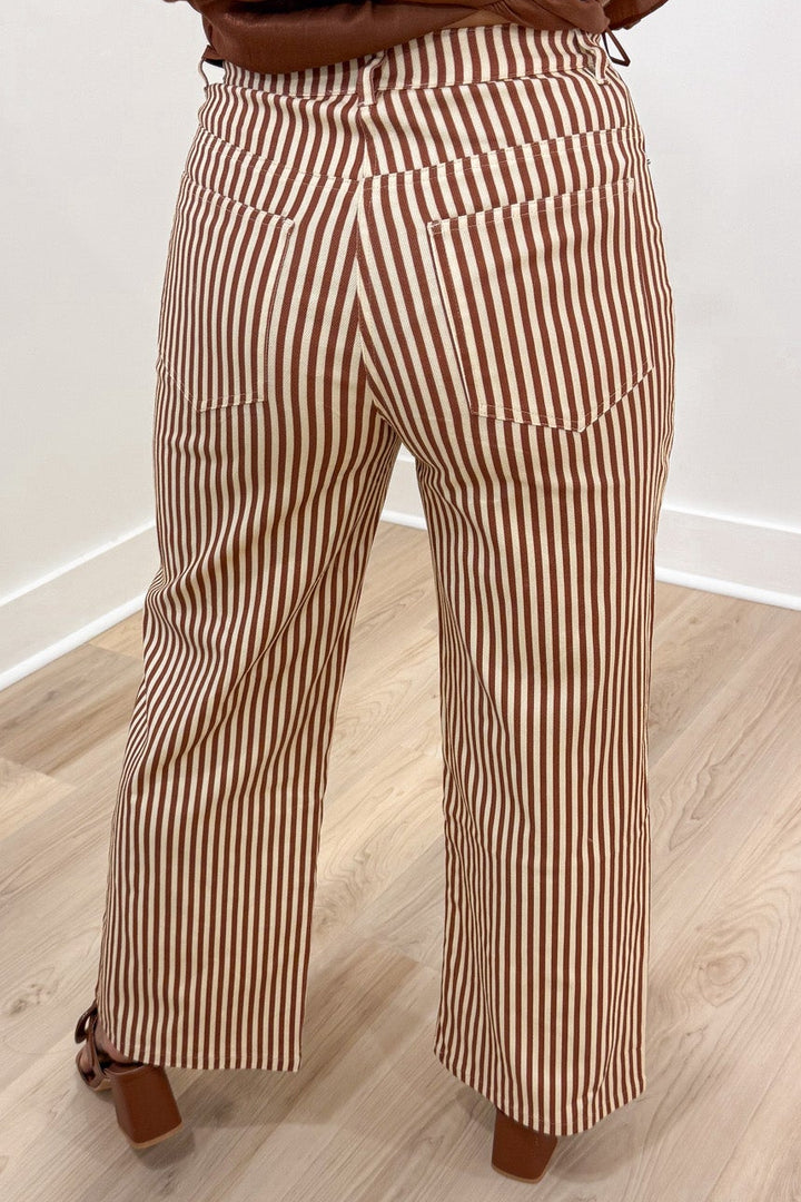 rust and cream striped high waisted wide leg lightweight twill pants with back pockets
