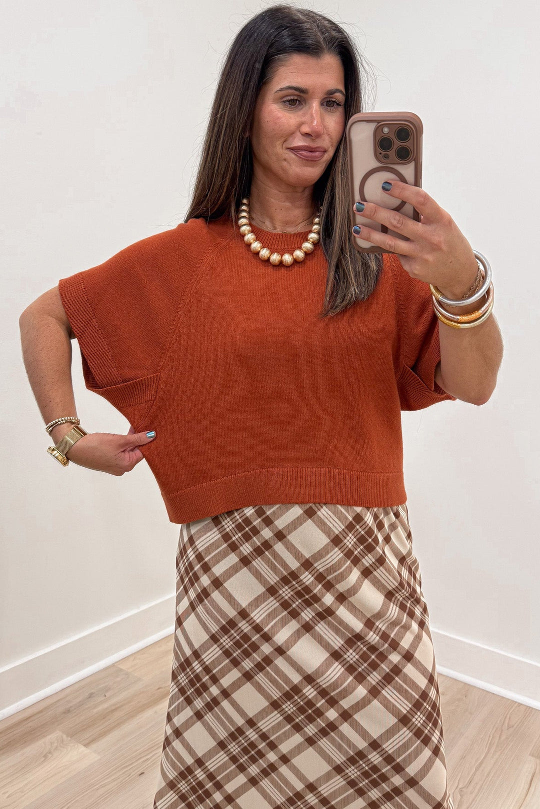 solid rust orange dolman sleeve crew neckline semi-cropped relaxed silhouette knit sweater top