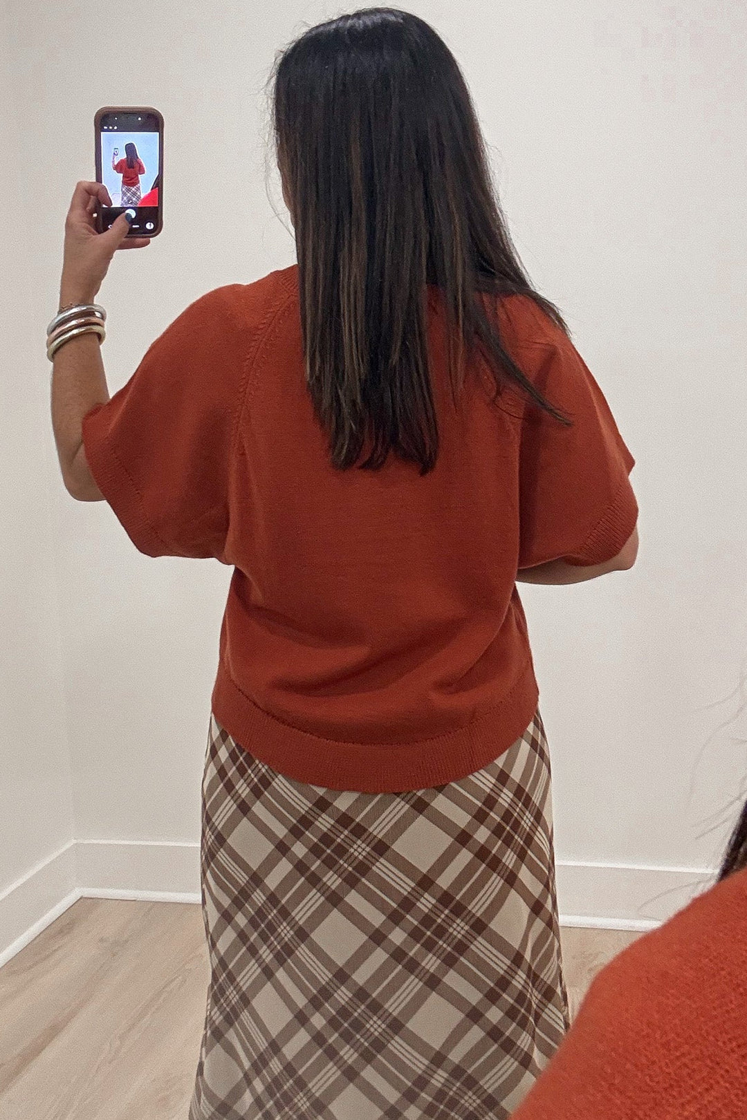 solid rust orange dolman sleeve crew neckline semi-cropped hi-low hem knit sweater top