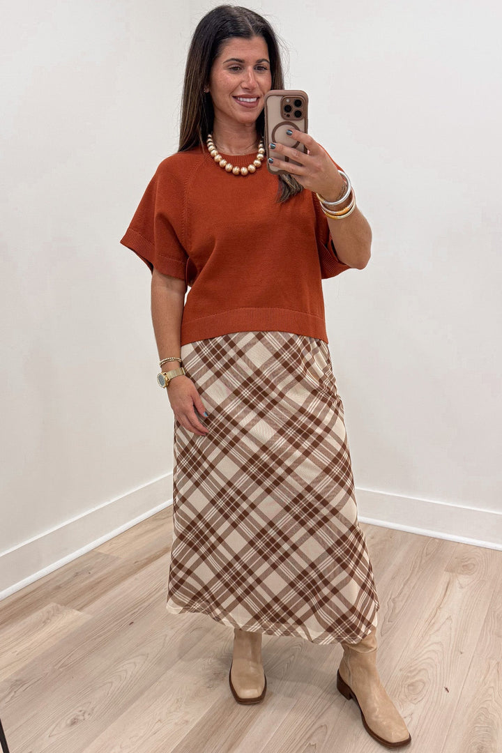 solid rust orange dolman sleeve crew neckline semi-cropped knit sweater top with ribbed trim