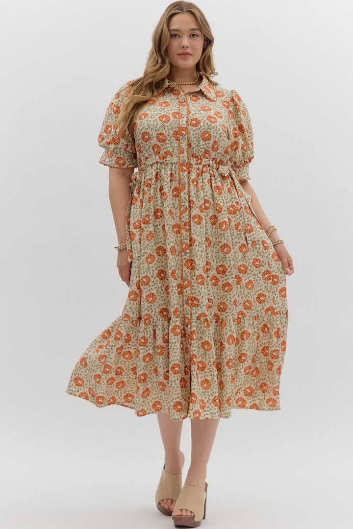 Women's plus size cream button front midi dress with rust floral print by Entro