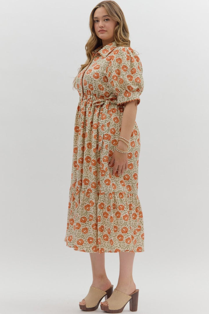 Women's plus size cream button front midi dress with rust floral print by Entro showing full side view