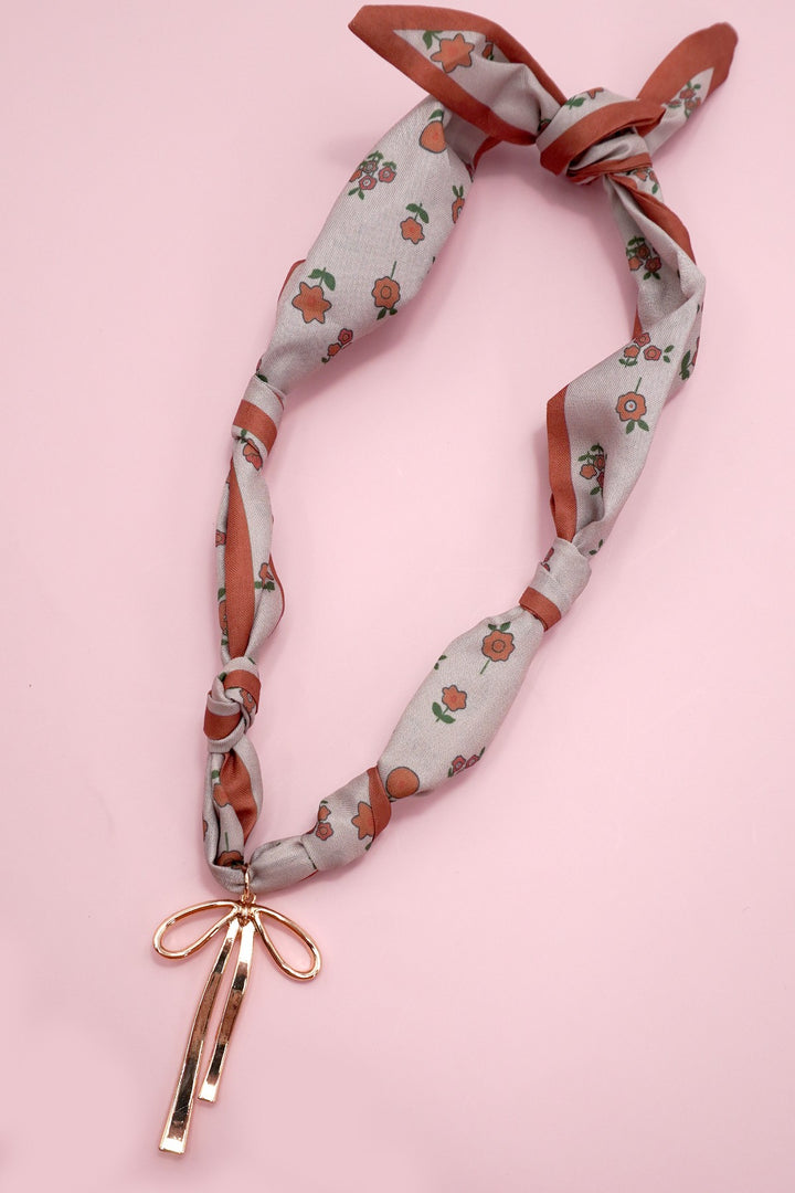 rust floral bow charm scarf necklace