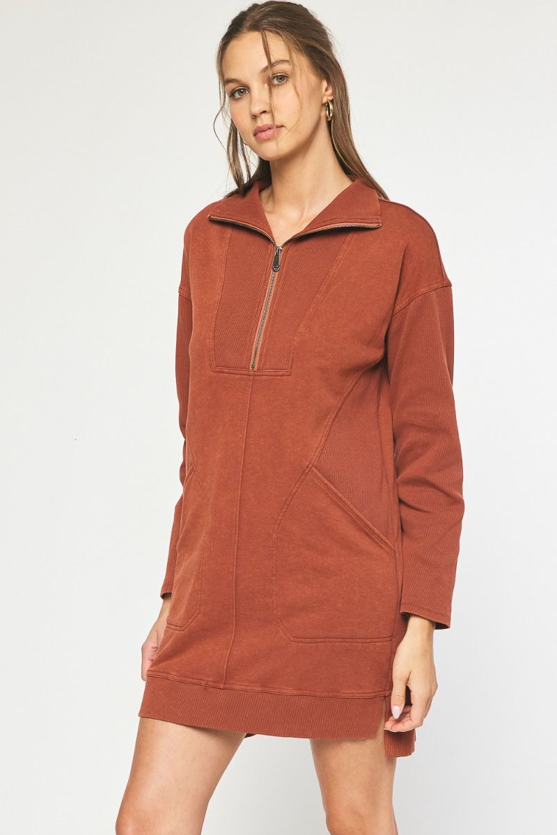 Entro Mineral washed rust half zip terry knit sweatshirt dress 