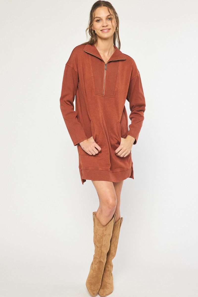 Entro Mineral washed rust half zip terry knit sweatshirt dress 