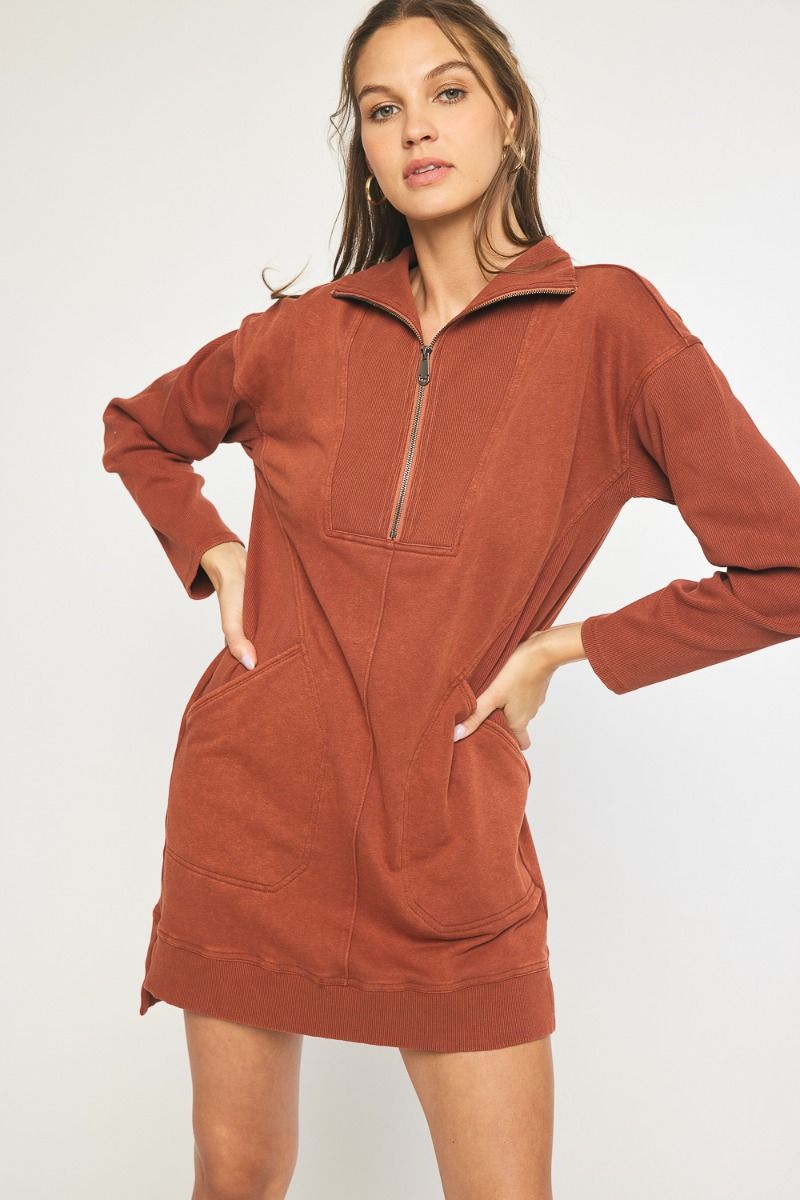 Entro Mineral washed rust half zip terry knit sweatshirt dress 