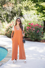 rust linen wide leg jumpsuit