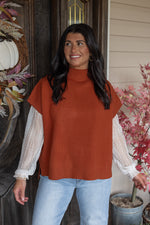 rust brown mock neck short sleeve sweater