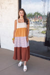 rust mustard striped tiered midi dress