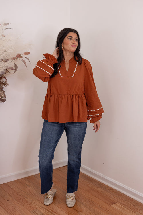 rust scalloped trim babydoll top