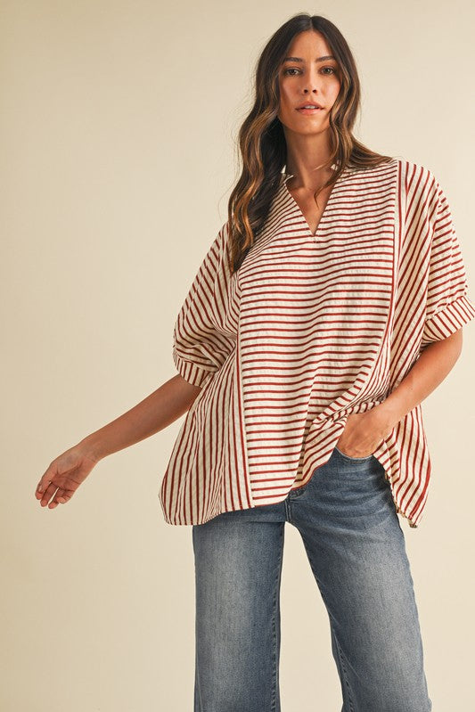 rust striped oversized fit fall top pocket