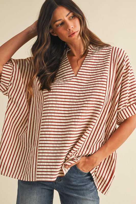 rust striped oversized fit fall top