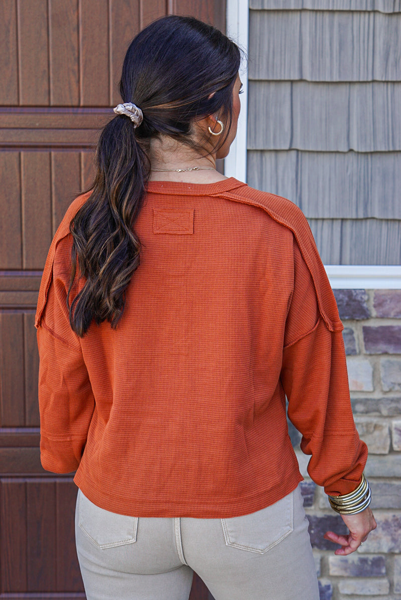 rust waffle knit thermal casual top