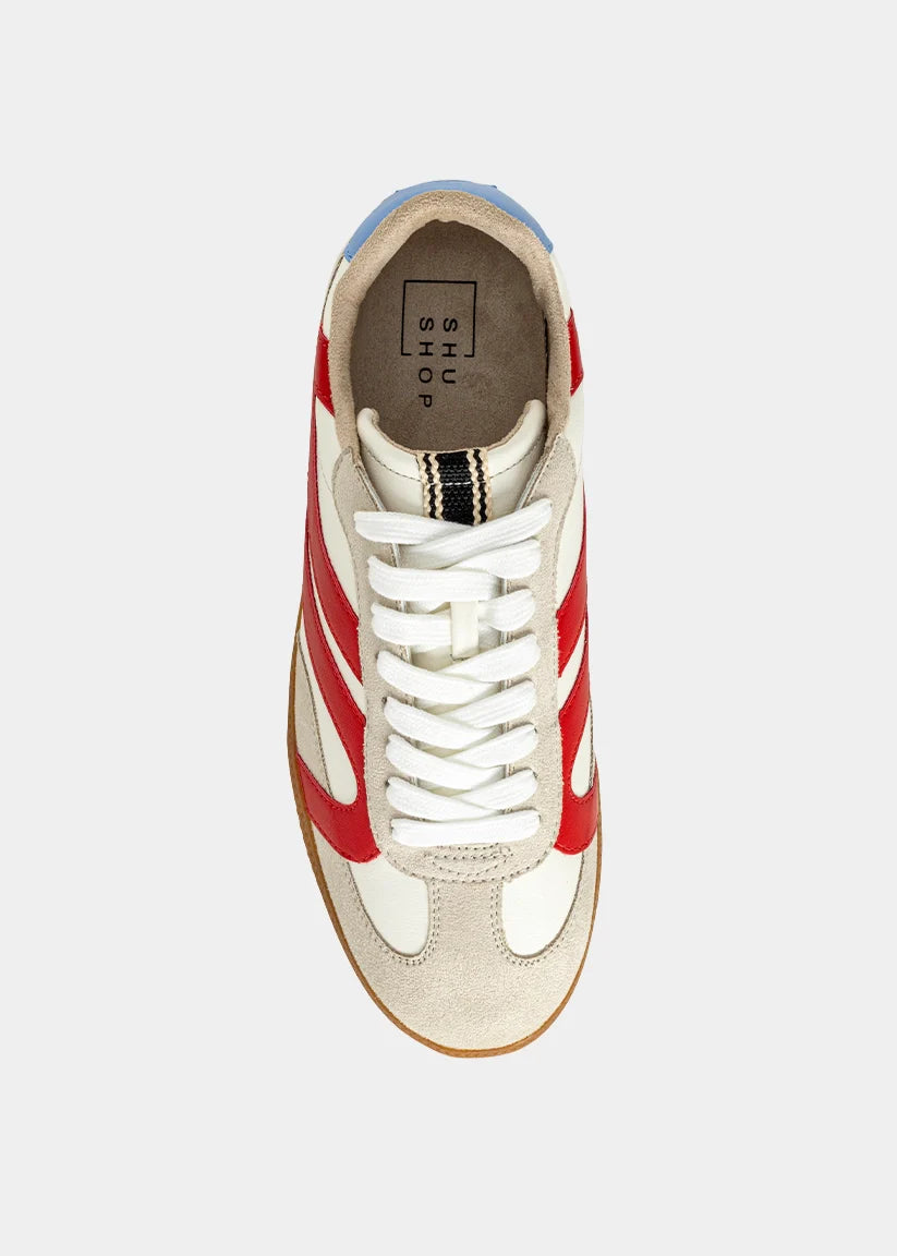 shu shop sadie low profile red blue sneakers details