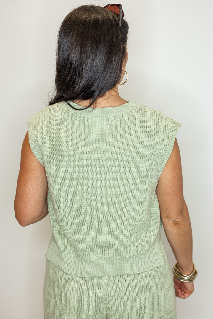 sage green knit shorts top matching set