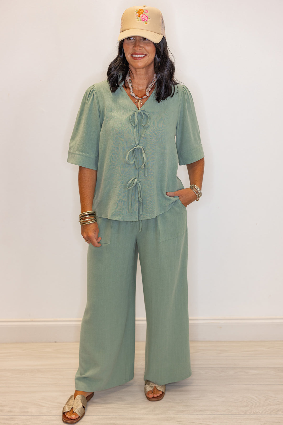 Women's sage green linen bow tie top and elastic waist wide leg pants set by Jodifl