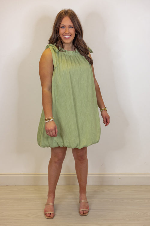 green textured bubble hem short dress