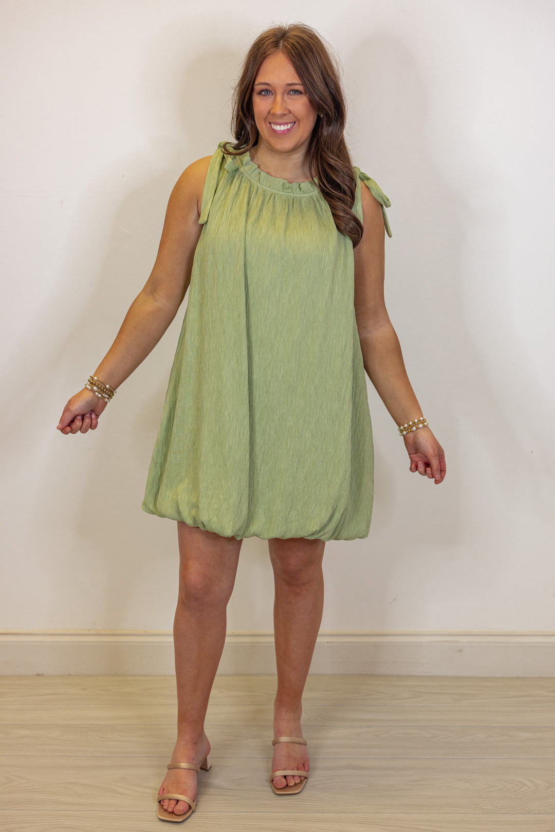 green textured bubble hem short dress