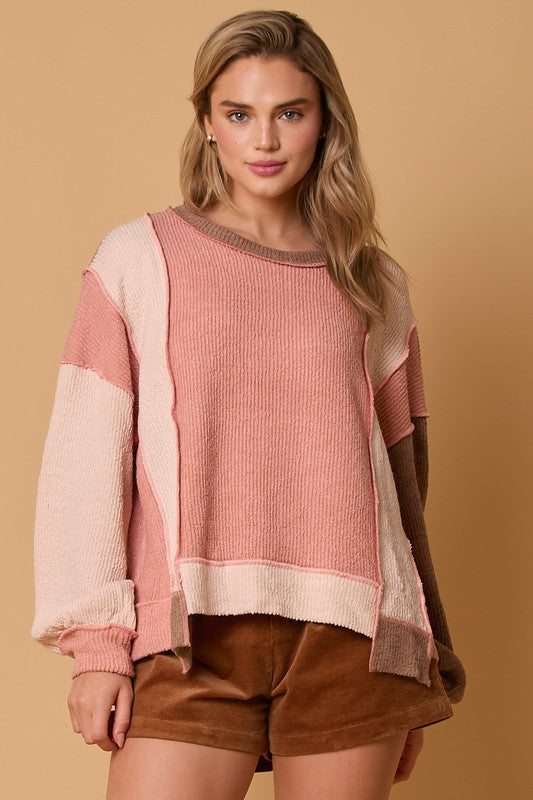 Women's salmon and blush colorblock textured knit pullover top by Fantastic Fawn