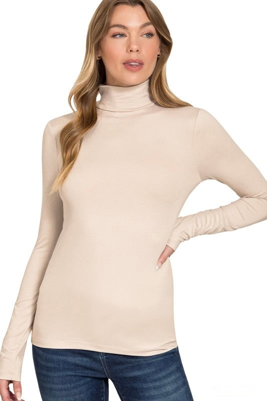 Women's sand beige long sleeve mock neck top by Zenana.