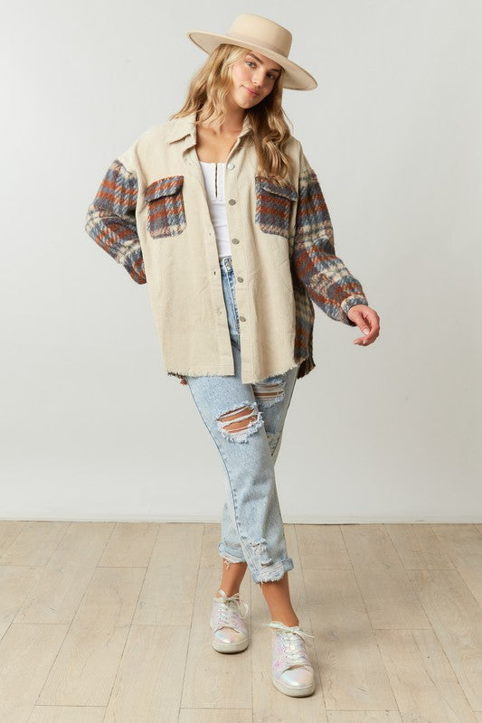 Fantastic Fawn Sand corduroy and flannel plaid colorblock jacket