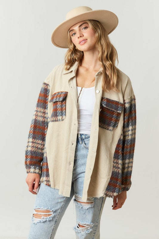 Fantastic Fawn Sand corduroy and flannel plaid colorblock jacket